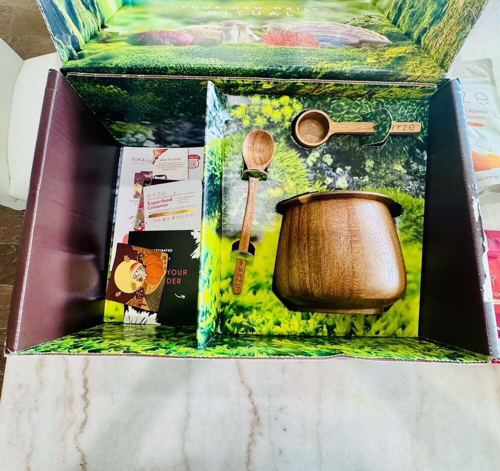 New RYZE Mushroom Coffee & Superfood Creamer Gift Box- Wooden Bowl & Accessories